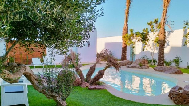 A swimming pool surrounded by rocks and palm trees, with a white building in the background.