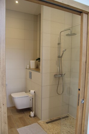 Douche, séchoir à cheveux, serviettes fournies, savon