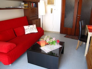 A red sofa with a decorative pillow, a black coffee table with a vase of flowers, a wooden bookshelf, a lamp, and a door with a mat.