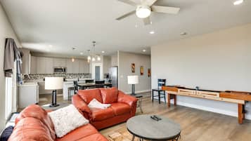 TV, fireplace, books