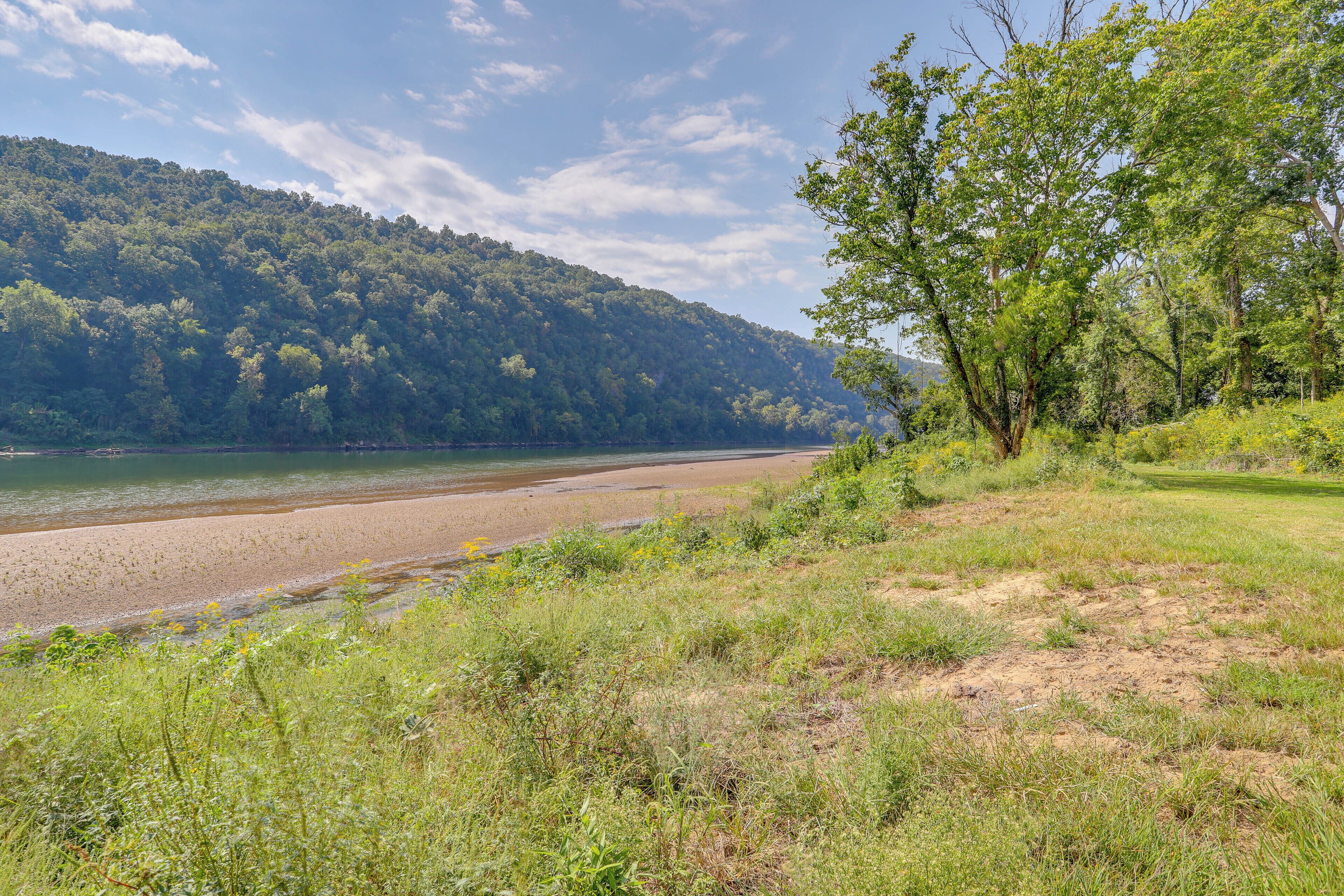 A natural landscape with a river, grassy areas, and a forested hill.