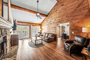 Smart TV, fireplace, books