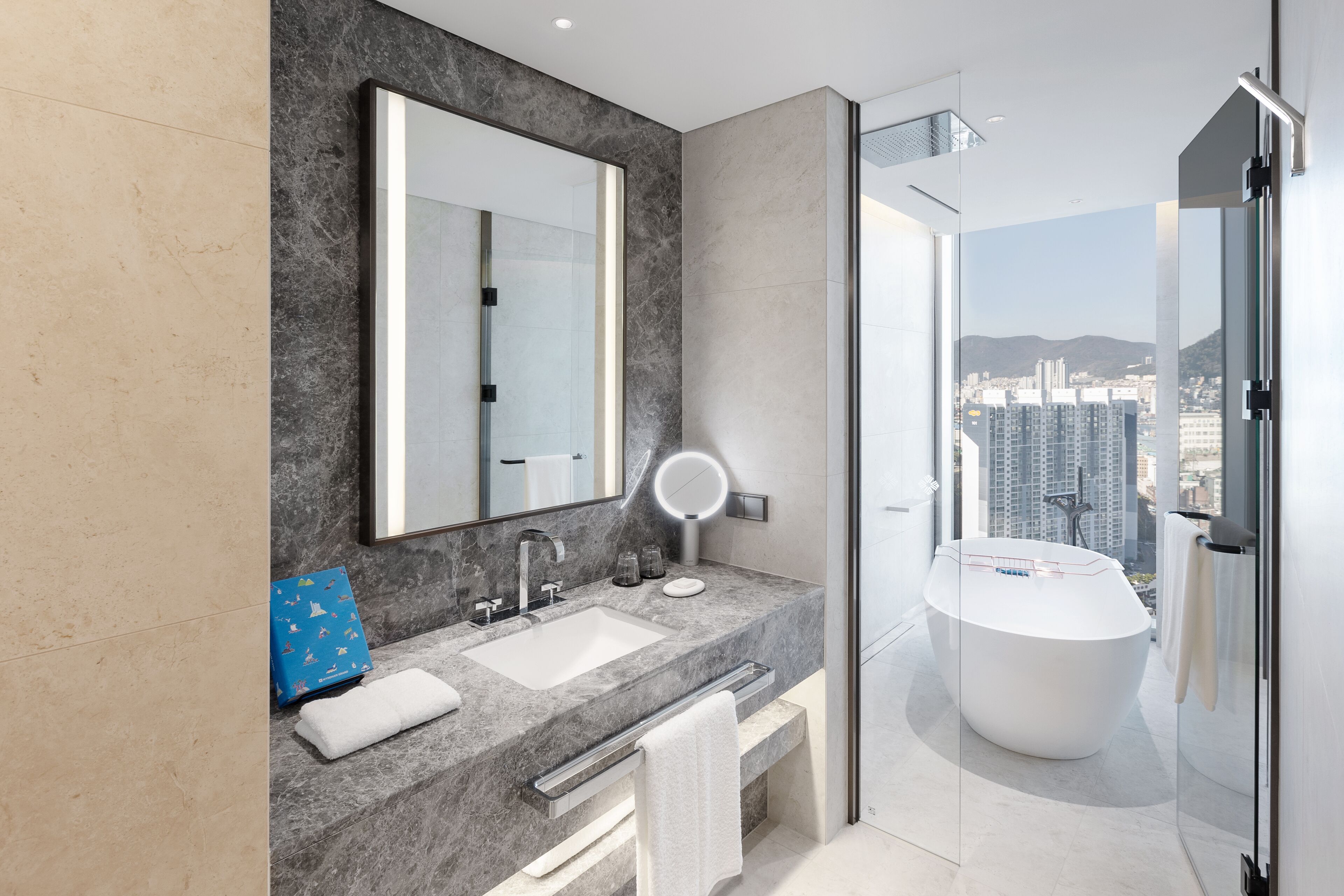 A modern bathroom with a large mirror, dual sinks, a bathtub, and a city view.
