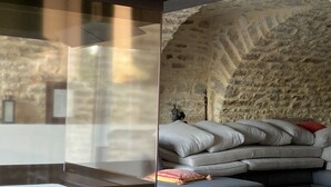 Un salon moderne avec un mur en pierre, un canapé d’angle et une cloison en verre.