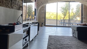 Un vaste espace de vie doté d’un plafond en pierre, d’un téléviseur à écran plat, d’un meuble de divertissement moderne et d’une grande porte-fenêtre coulissante donnant sur une terrasse extérieure.