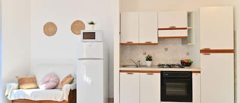 Basic Apartment | Private kitchen | Full-sized fridge, microwave, oven, stovetop