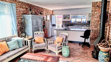 Smart TV, fireplace, books