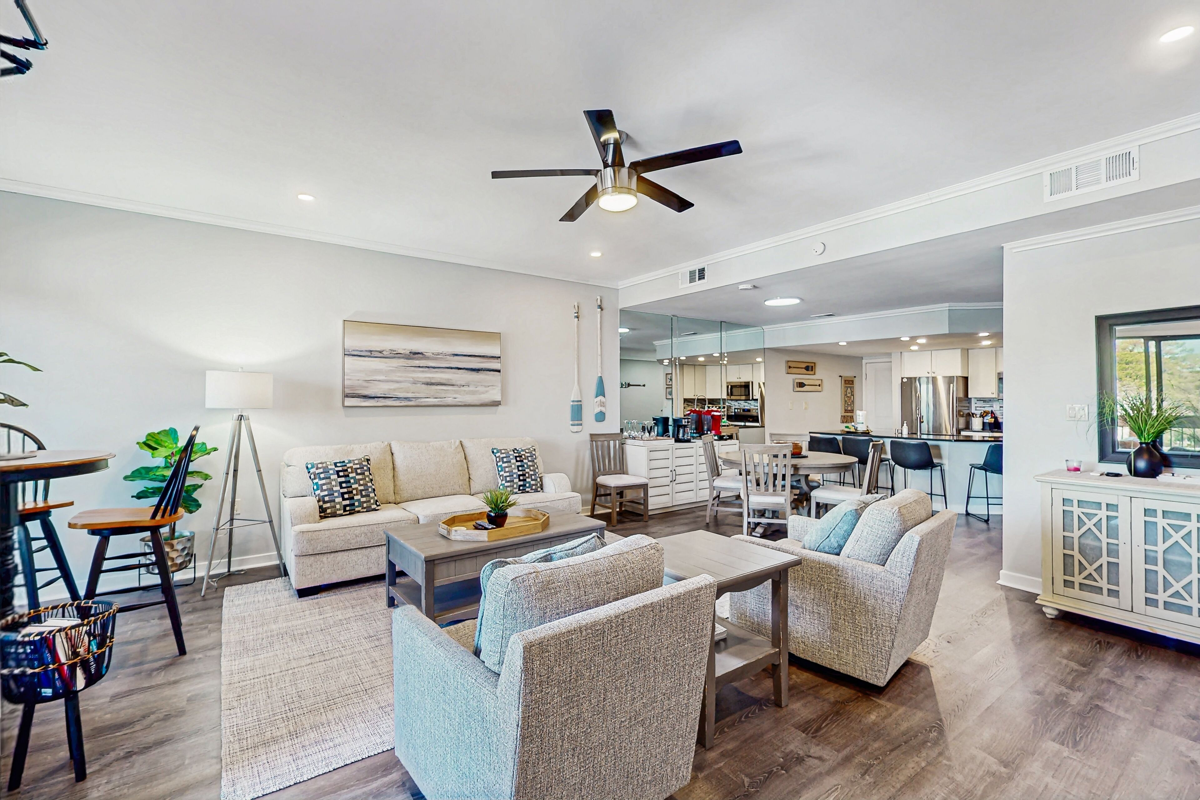 TV, fireplace, books