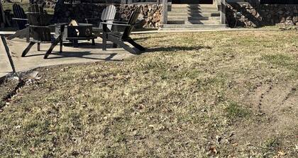 Rustic Lodge with a view of open pastures and bison grazing on the land.