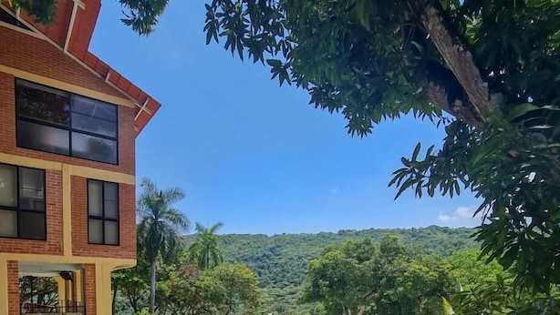 A swimming pool with lounge chairs and umbrellas, surrounded by lush greenery and a hilly landscape.