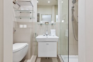 Combined shower/tub, hair dryer, towels