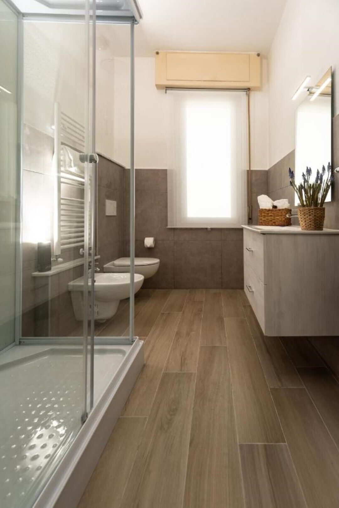 Shower, hair dryer, bidet, towels