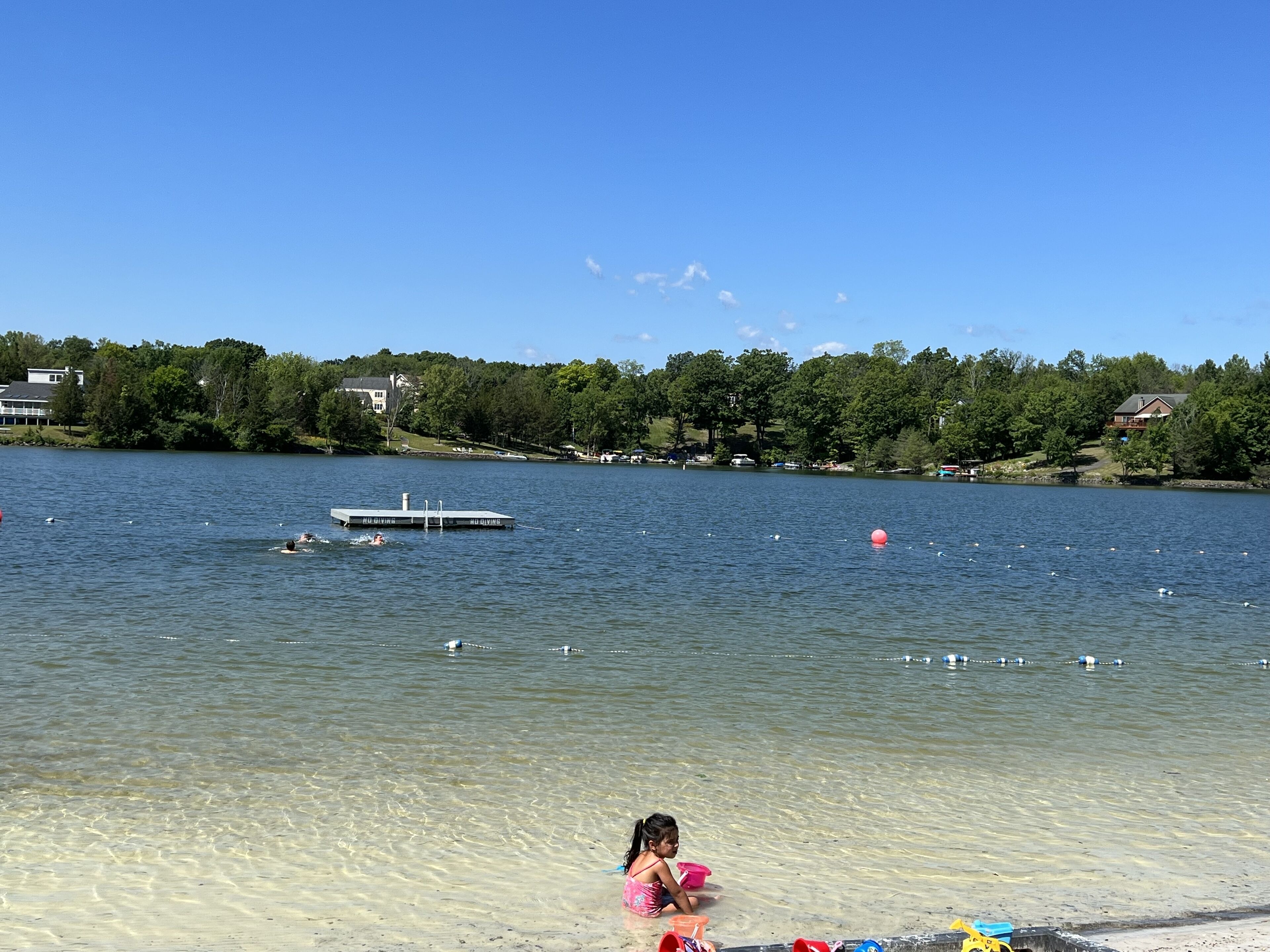 A lake with a dock, clear water, and houses in the background.