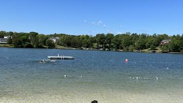 A lake with a dock, clear water, and houses in the background.