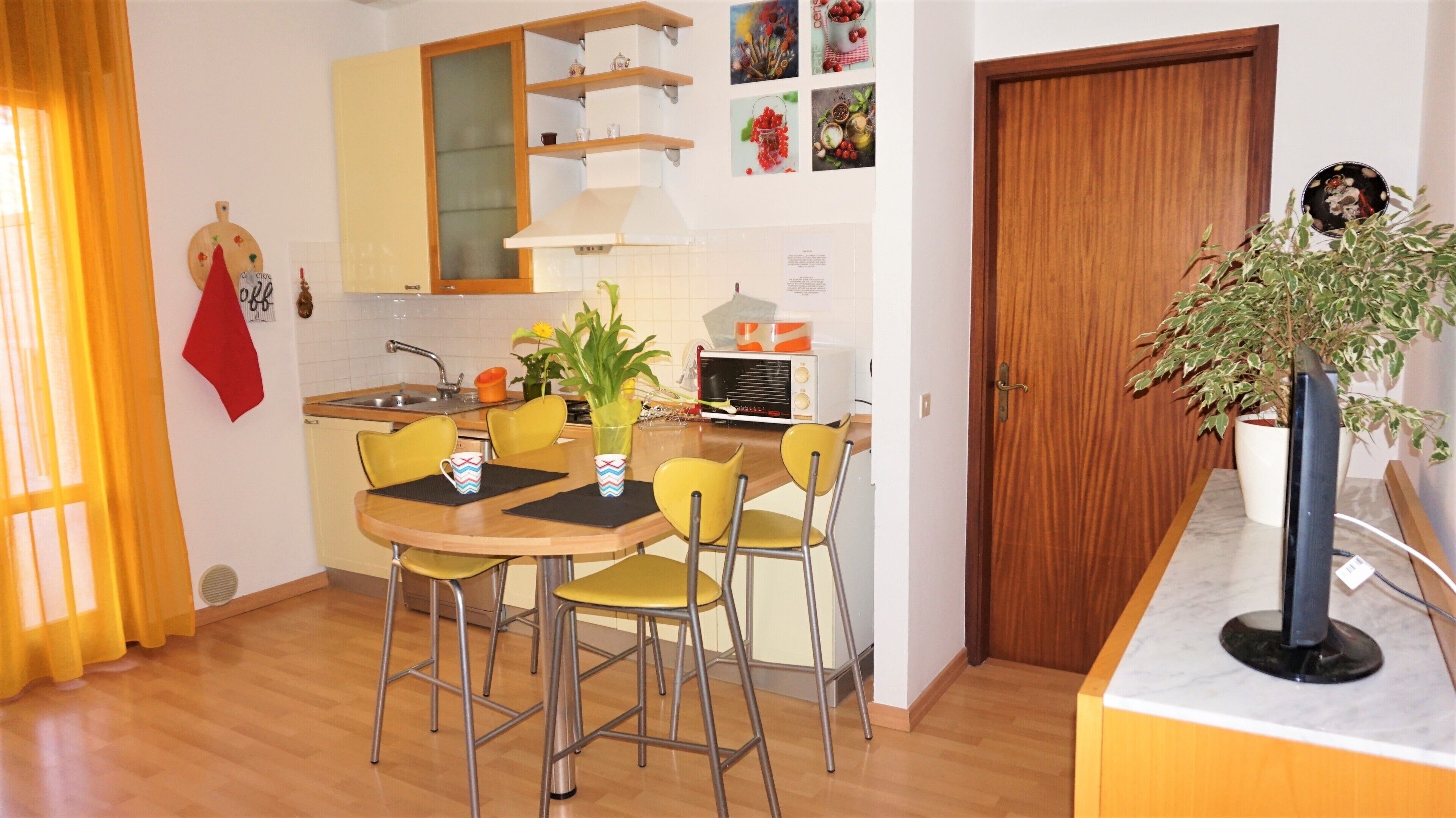 Una cocina compacta con zona de comedor, que incluye un lavamanos, un microondas y una planta en maceta.