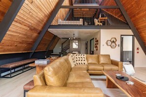 TV, fireplace, offices - Camp S’mores- Modern A-Frame with Pool (Newfield)