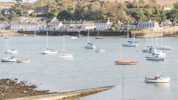 A harbor with multiple sailboats and yachts anchored in calm waters. - James' Place (Falmouth)