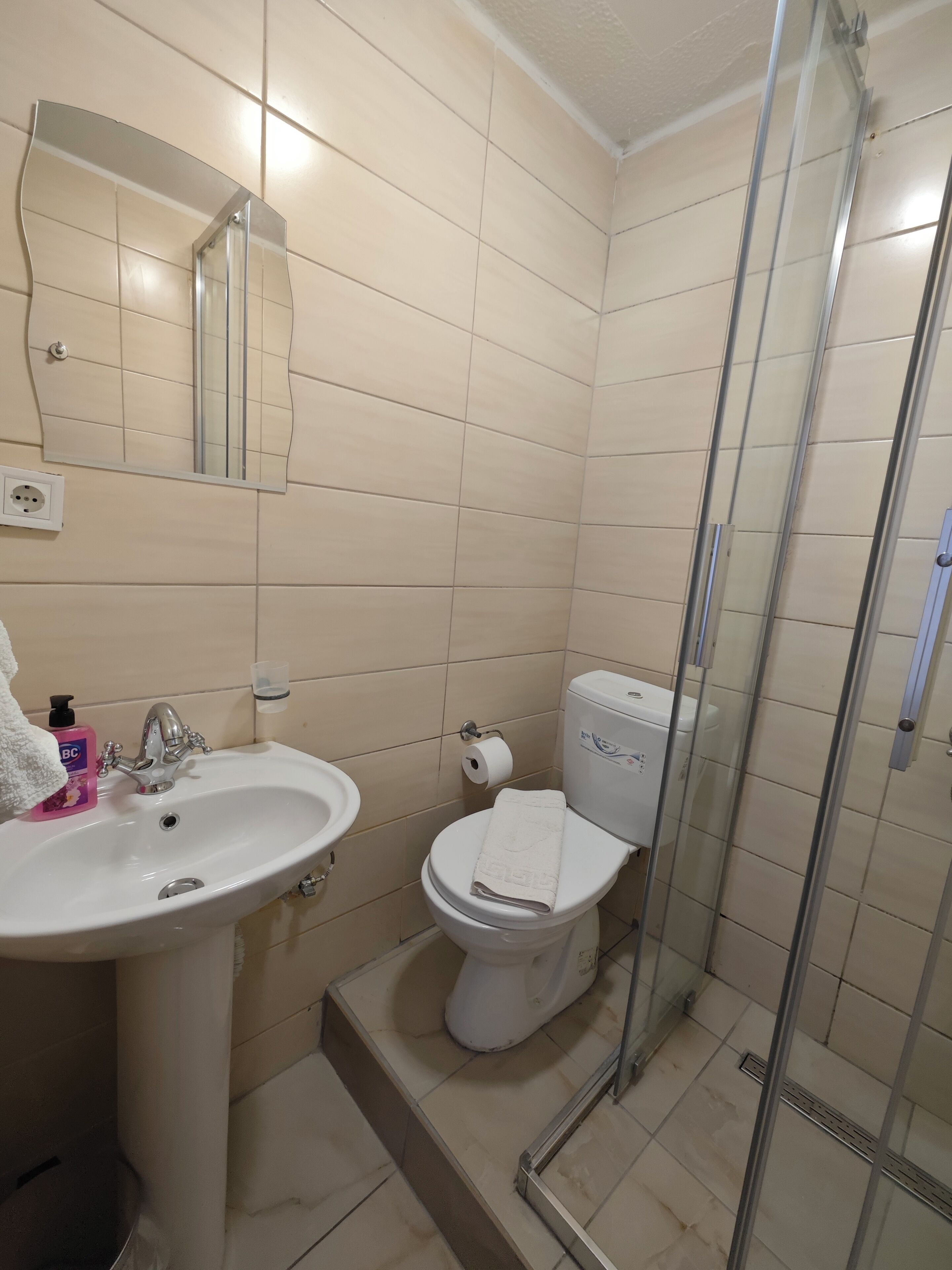 A bathroom with a sink, toilet, and glass shower enclosure.