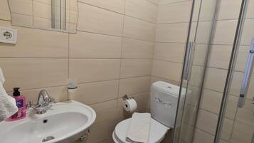 A bathroom with a sink, toilet, and glass shower enclosure.