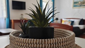 Ein geflochtener Korb mit einer Topfpflanze auf einer gewebten Unterlage in einem Zimmer mit Bett und Fernseher im Hintergrund.