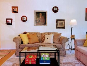 Una Smart TV, una chimenea, un reproductor de DVD, libros