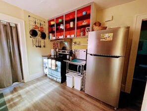 Frigorífico, microondas, horno y placa de cocina