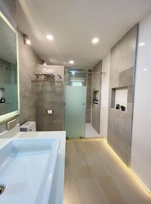 Regadera, bidet, toallas, jabón 