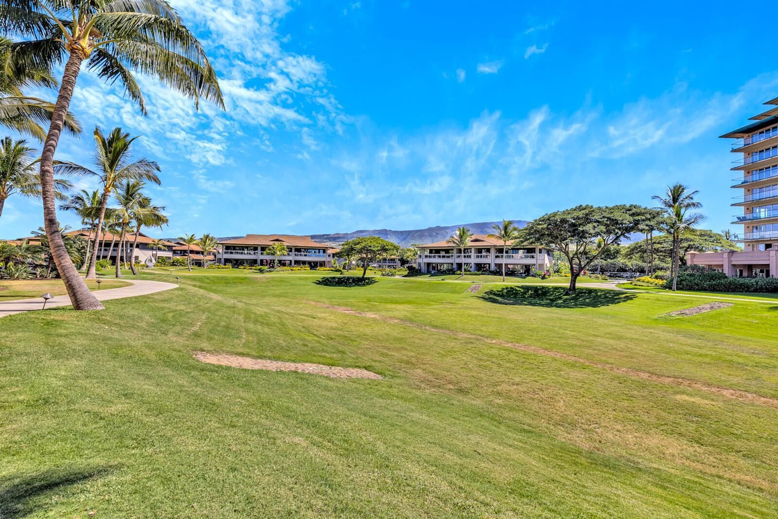 Un hotel con varias construcciones, un césped cuidado y palmeras.