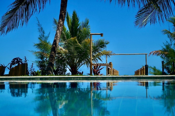 Outdoor pool, pool umbrellas, pool loungers