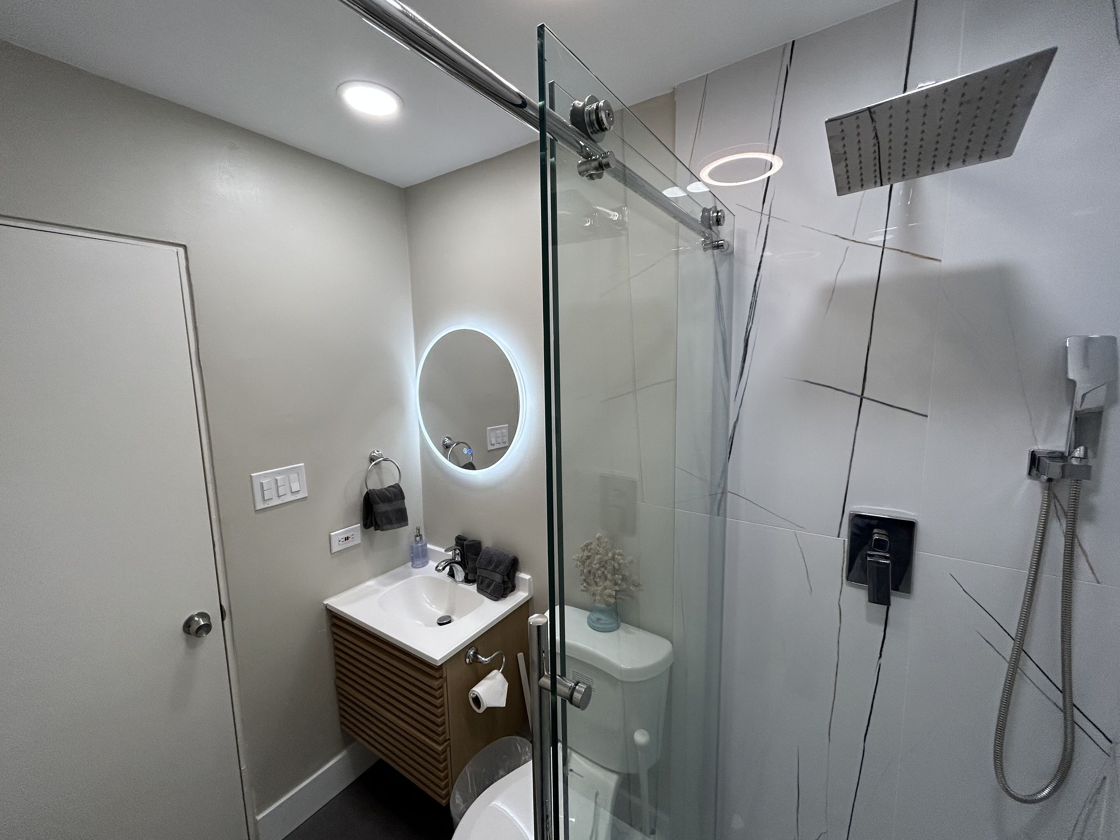 A modern bathroom with a glass shower enclosure, a vanity with a sink, and a toilet.