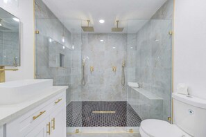 Shower, towels, soap, shampoo
