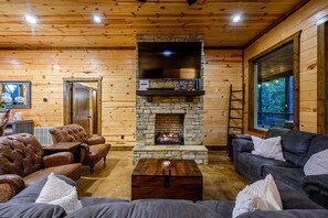Smart TV, fireplace, video games, DVD player