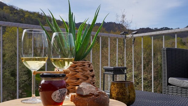 Une table ronde en bois, sur laquelle se trouvent un verre de vin blanc, un pot de miel, une miche de pain, un ananas et une plante d’aloès, est placée sur un balcon d’où l’on peut admirer des collines.