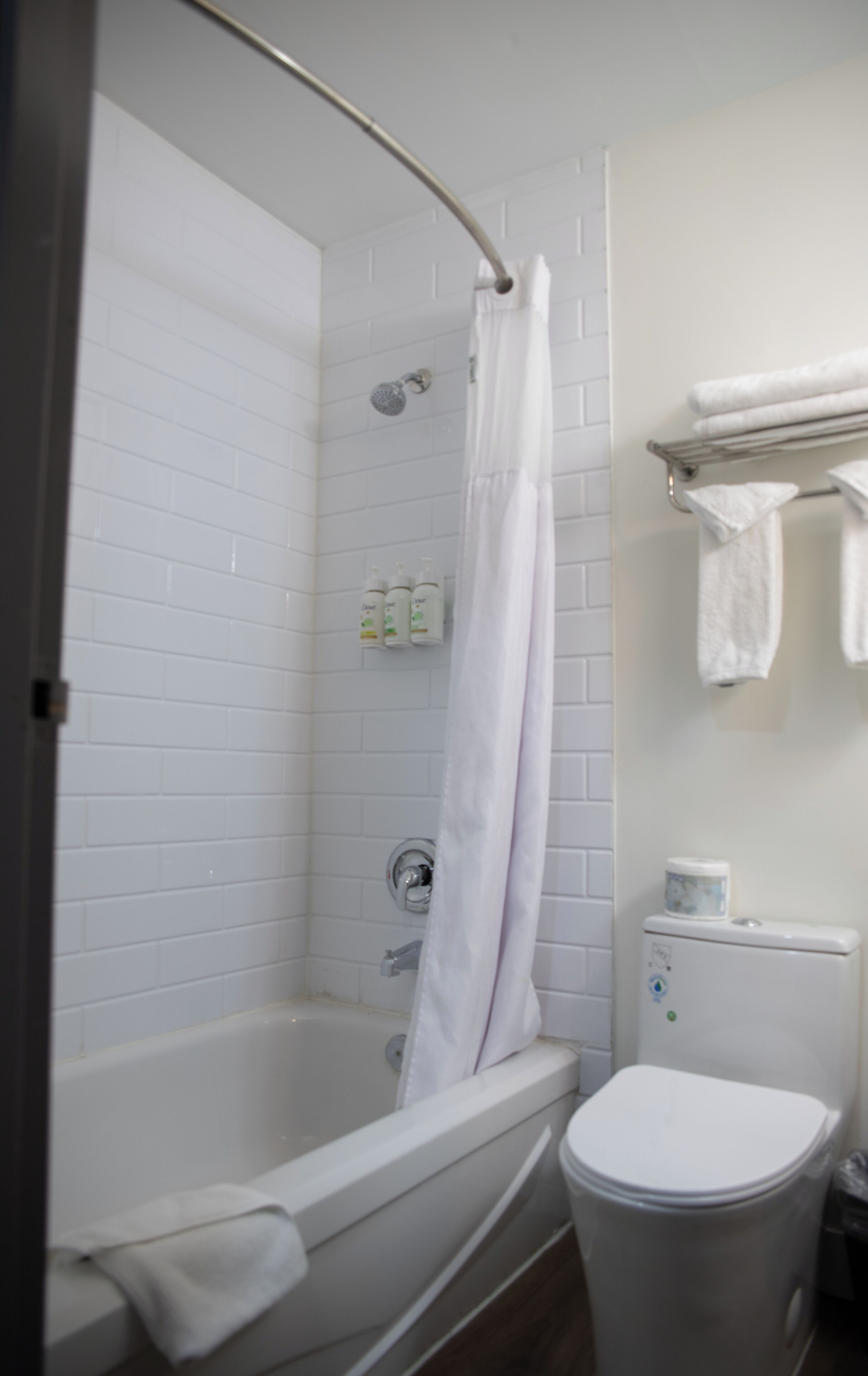 Ein Badezimmer mit Badewanne, Dusche, Toilette und Handtuchhalter.