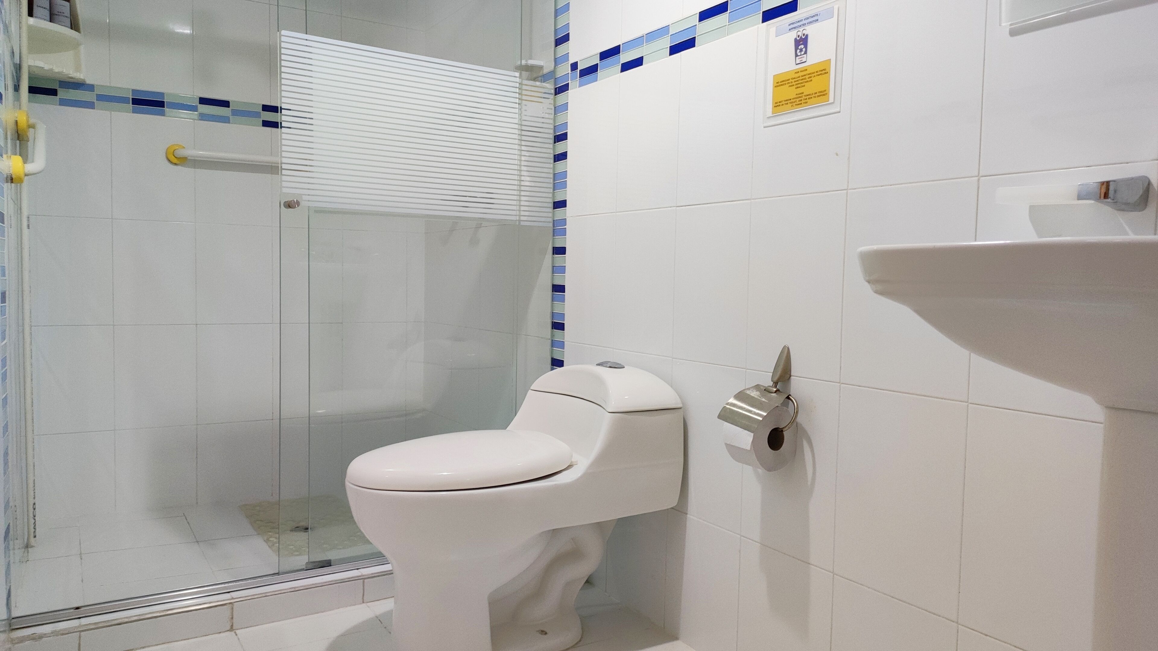 A bathroom with a toilet, a sink, and a shower area.