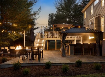 Walk to Top-Rated Restaurants & Trails! 7BR w/HotTub Gazebo & Built-in FirePit!