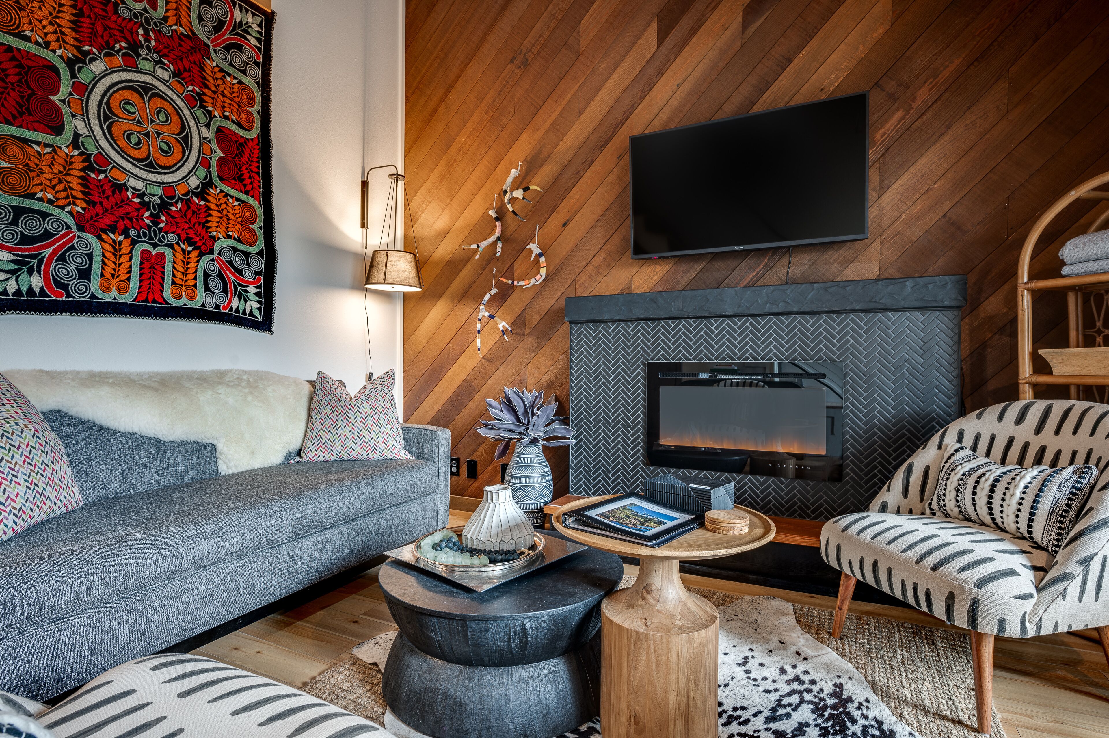 Smart TV, fireplace, books