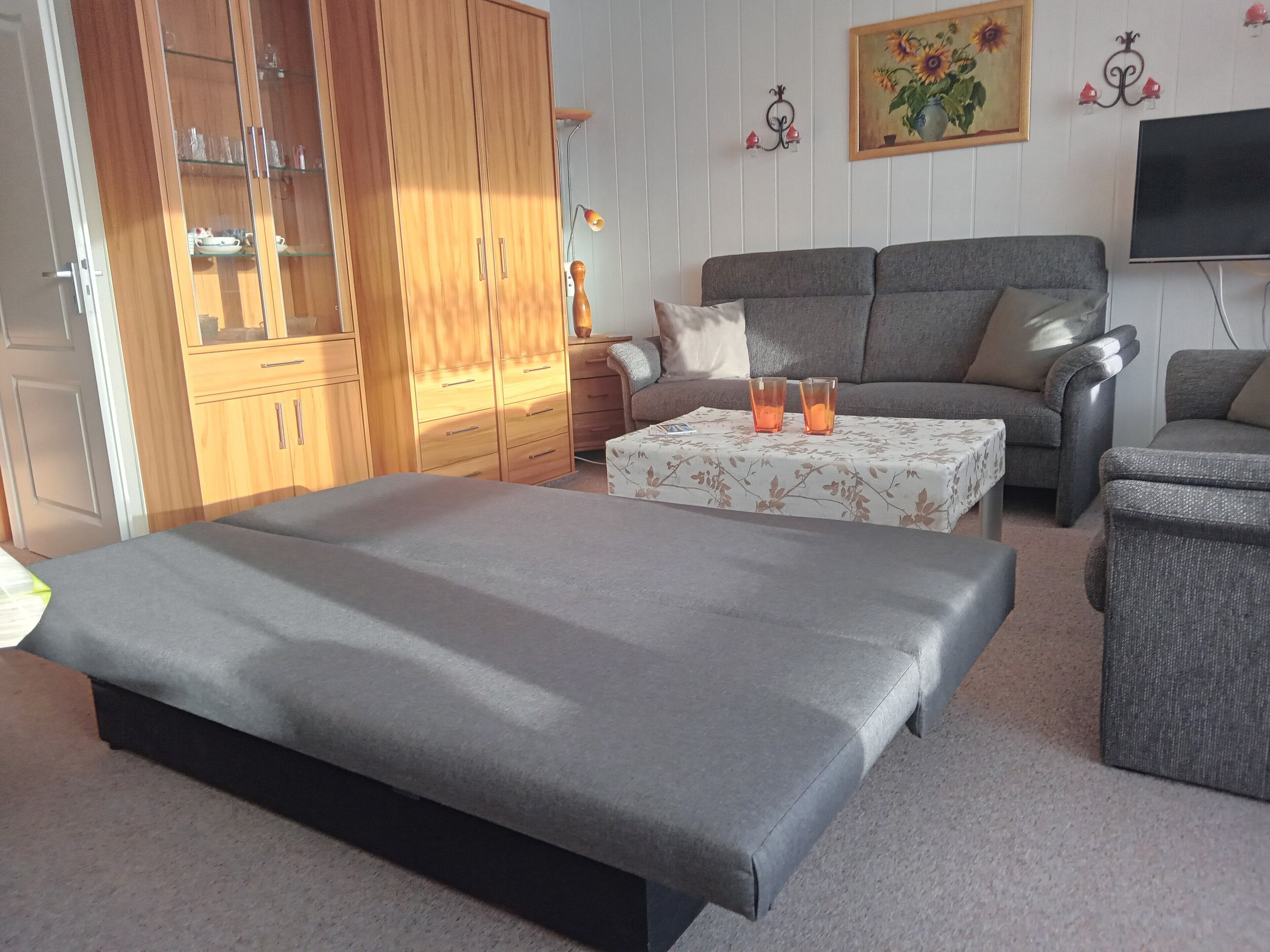 Ein Wohnzimmer mit einer Couch, einem Couchtisch, einem Fernseher und einem Kleiderschrank.