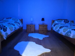 A bedroom with two beds, wooden nightstands, a white fur rug, and a blue wall.