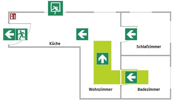 Ein Grundriss mit beschrifteten Räumen, darunter Küche, Wohnzimmer, Schlafzimmer und Badezimmer.