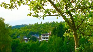 A rural landscape with a large hay bale, a tree, and houses in the background. - Holiday Apartment "Comfort" with Shared Garden, Balcony & Wi-Fi (Brilon)