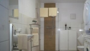 A bathroom with a shower, toilet, and sink. - Apartment 'Priestereck' with Mountain View, Shared Terrace and Wi-Fi (Obernberg)