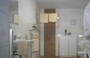 Shower, hair dryer, towels