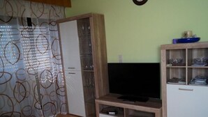 A living room with a TV, wooden cabinet, and a glass cabinet with shelves. - Apartment 'Fewo - Dachgeschoss' with Mountain View, Balcony and Wi-Fi (Zell am Harmersbach)