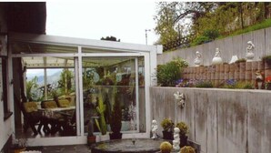 Une terrasse moderne avec une porte vitrée, un revêtement de sol en pierre et diverses plantes en pot.