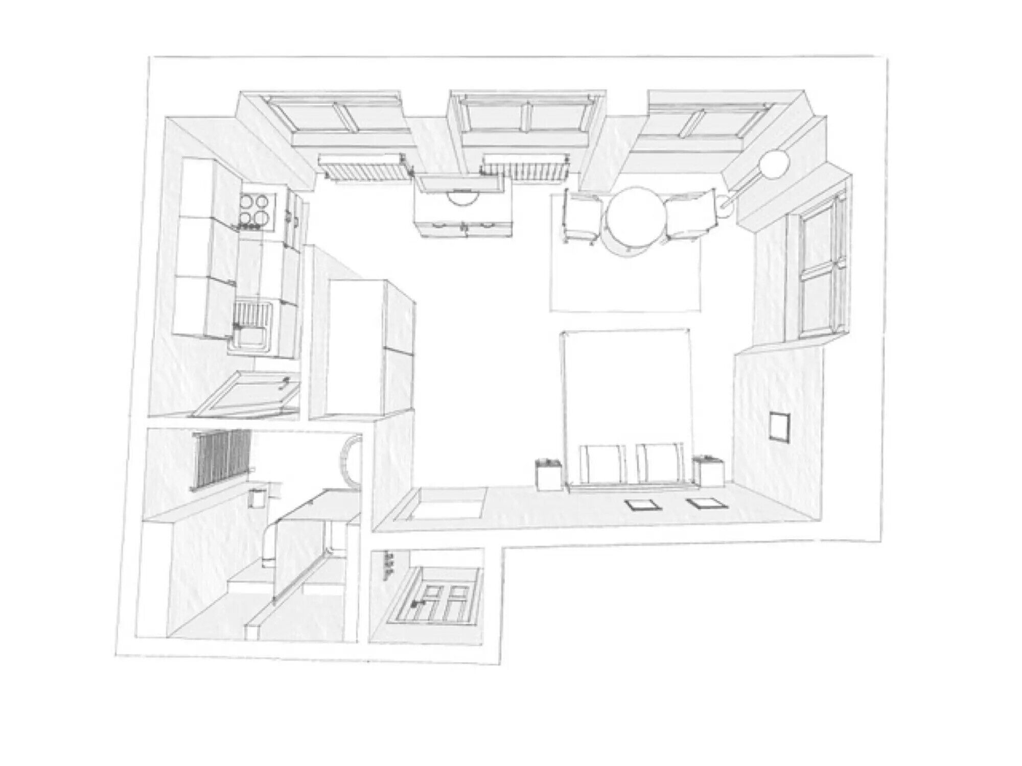 A detailed architectural floor plan of a hotel room with a kitchenette, a seating area, and a bathroom.