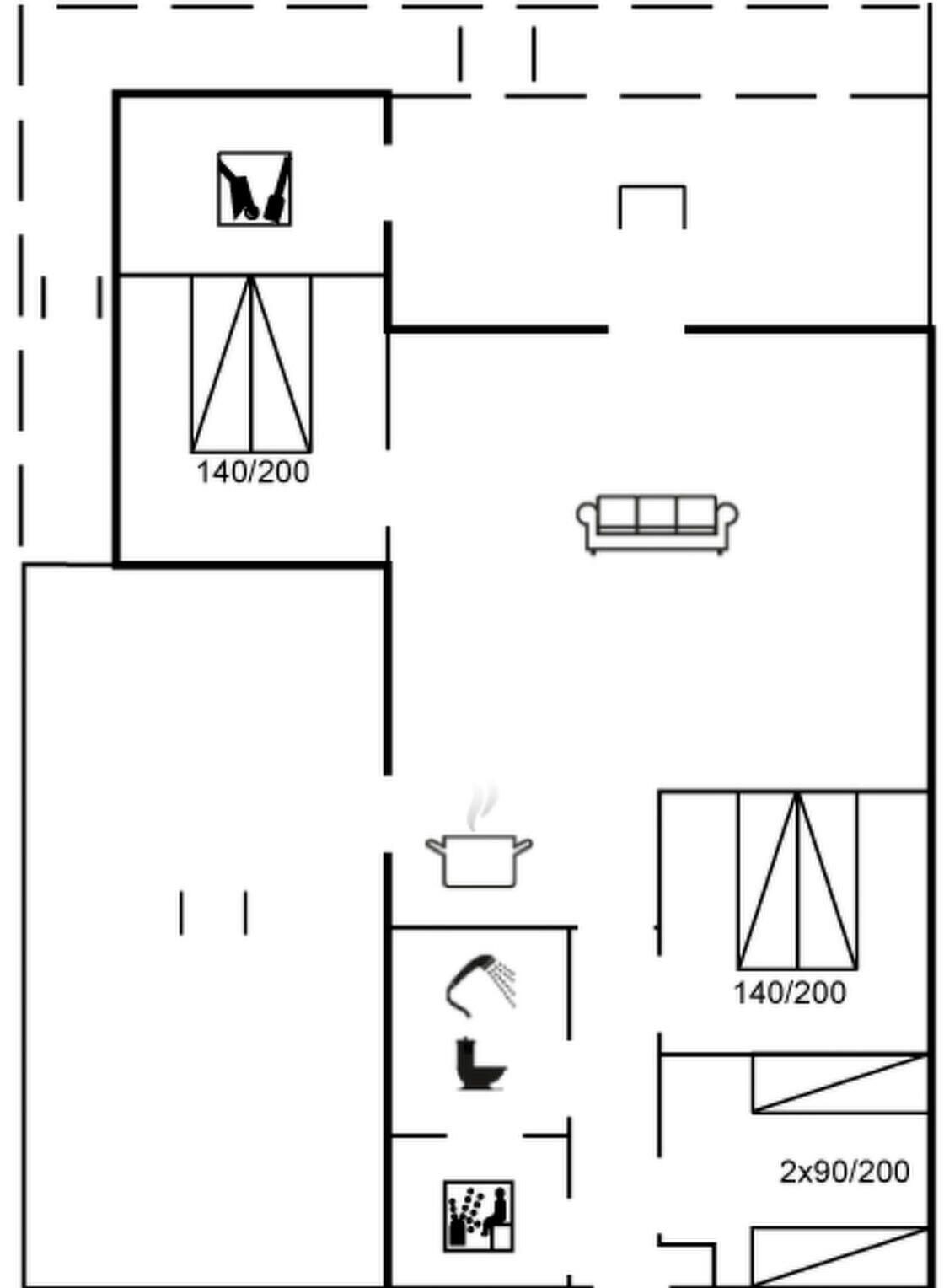 A floor plan with a kitchen, a living area, and a bathroom.