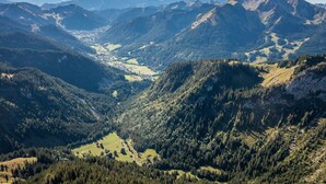 A mountainous landscape with a valley, dense forests, and distant peaks. - Studio 'Châtel - At the Foot of Linga' with Mountain View and Balcony (Châtel)
