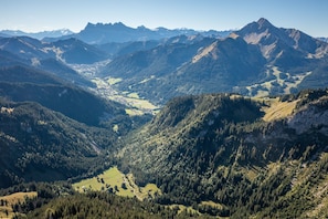 Eine gebirgige Landschaft mit einem Tal, dichten Wäldern und fernen Berggipfeln.