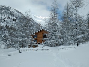 A wooden cabin surrounded by snow-covered trees and mountains.